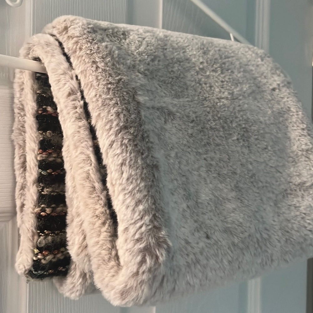 Super soft Infinity Scarf reversible, plush tan faux fur & black w/multicolor
